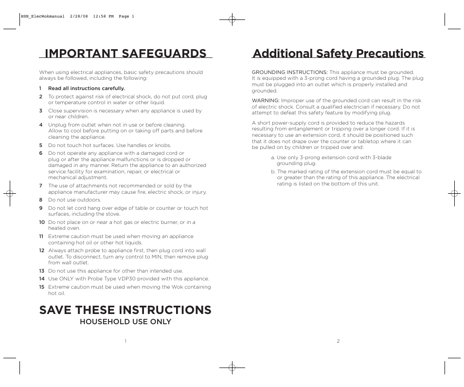 Important safeguards, Save these instructions, Additional safety precautions | Household use only | Wolfgang Puck BISTRO BEWK0030 User Manual | Page 2 / 14