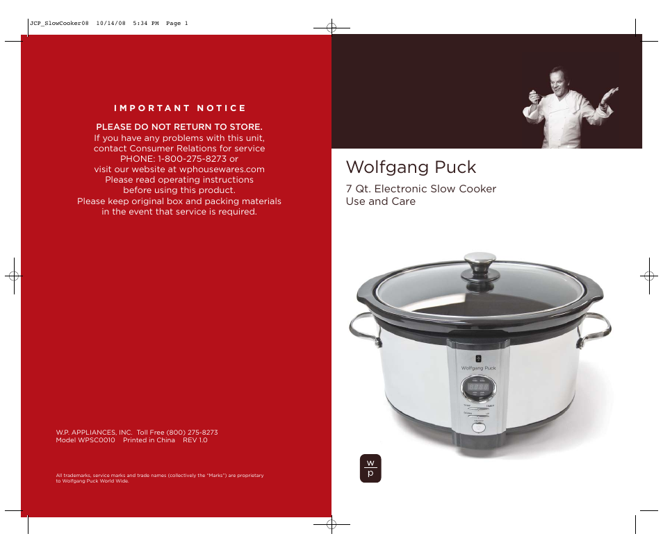 Wolfgang Puck WPSC0010 User Manual | 13 pages