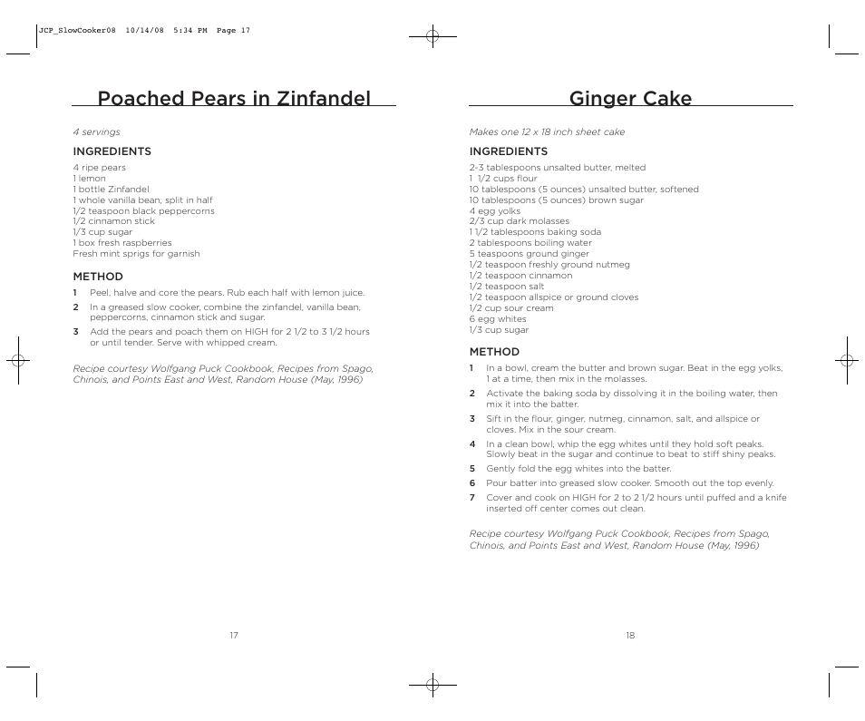 Ginger cake, Poached pears in zinfandel | Wolfgang Puck WPSC0010 User Manual | Page 10 / 13