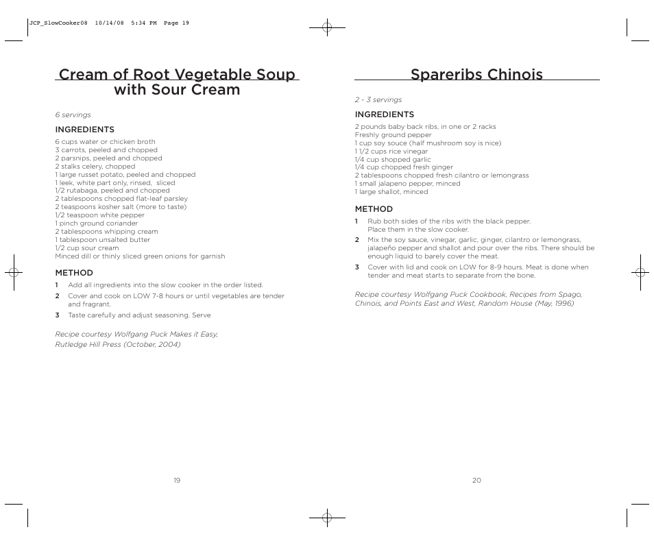 Spareribs chinois, Cream of root vegetable soup with sour cream | Wolfgang Puck WPSC0010 User Manual | Page 11 / 13