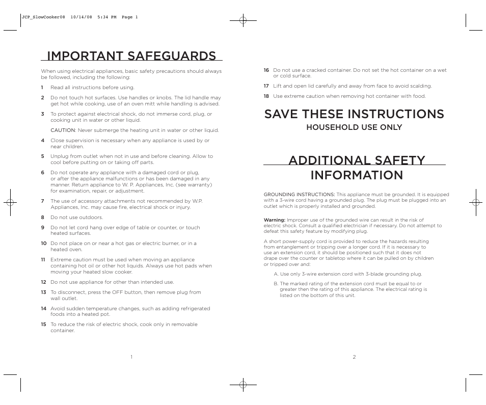 Important safeguards, Additional safety information, Save these instructions | Household use only | Wolfgang Puck WPSC0010 User Manual | Page 2 / 13