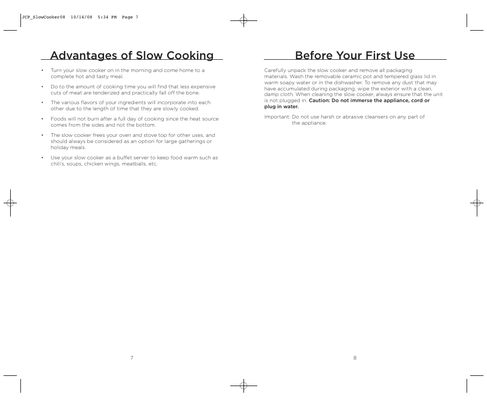 Advantages of slow cooking, Before your first use | Wolfgang Puck WPSC0010 User Manual | Page 5 / 13