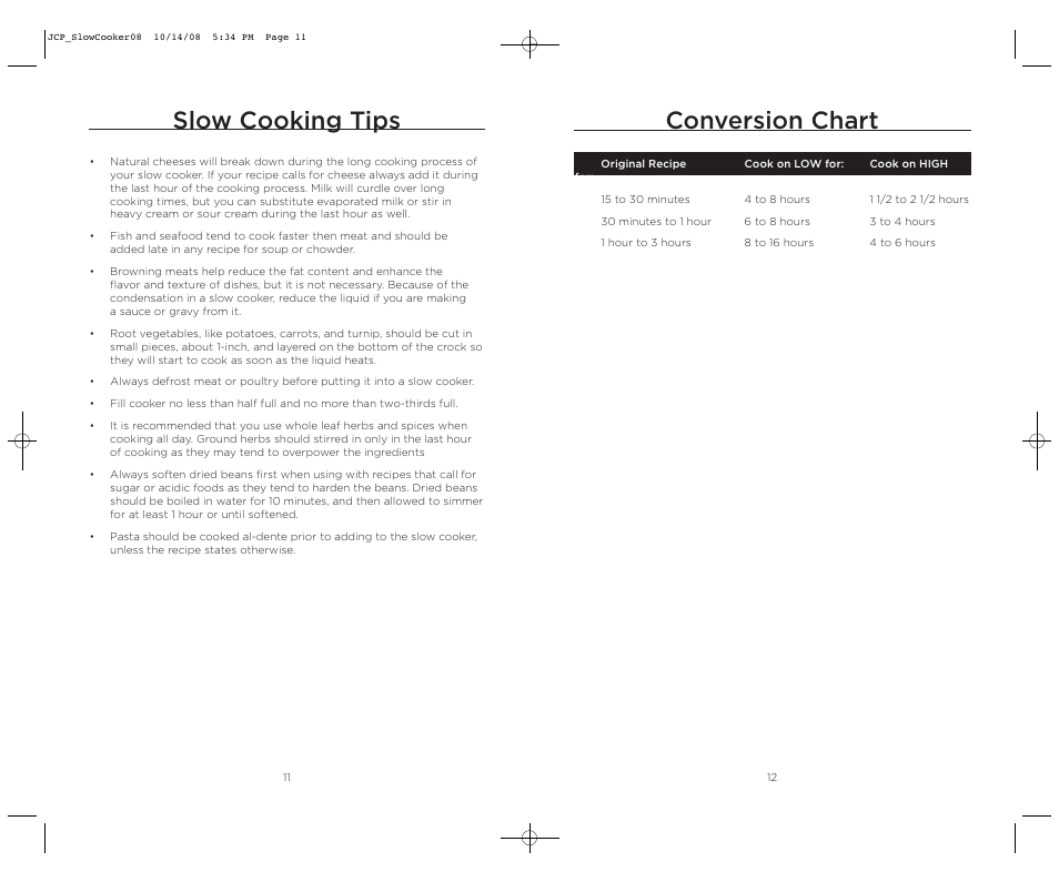 Slow cooking tips, Conversion chart | Wolfgang Puck WPSC0010 User Manual | Page 7 / 13