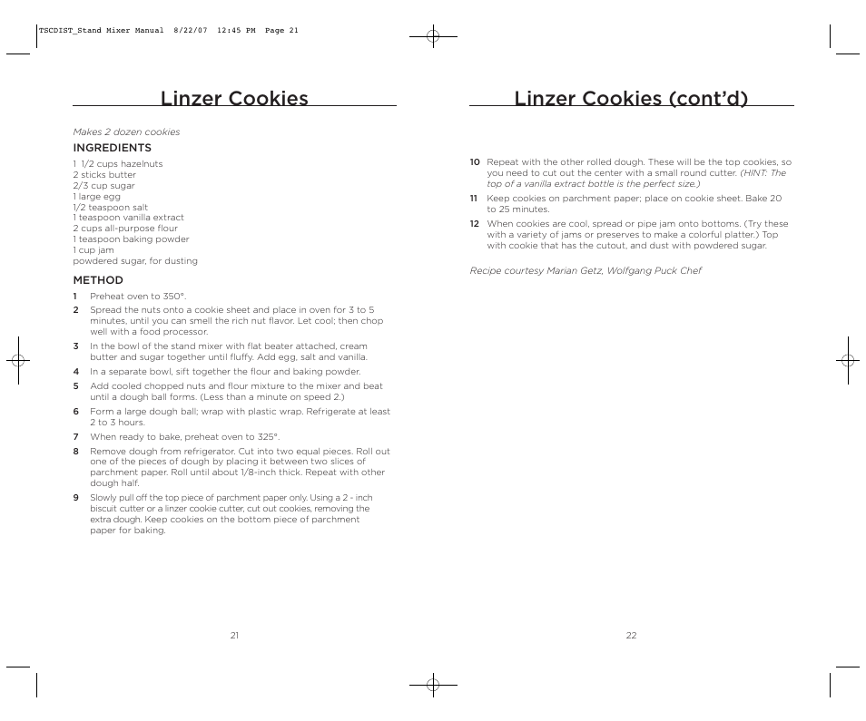 Linzer cookies, Linzer cookies (cont’d) | Wolfgang Puck WPPSM050C User Manual | Page 12 / 22