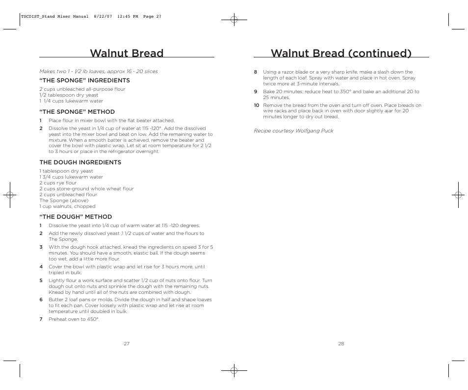 Walnut bread, Walnut bread (continued) | Wolfgang Puck WPPSM050C User Manual | Page 15 / 22
