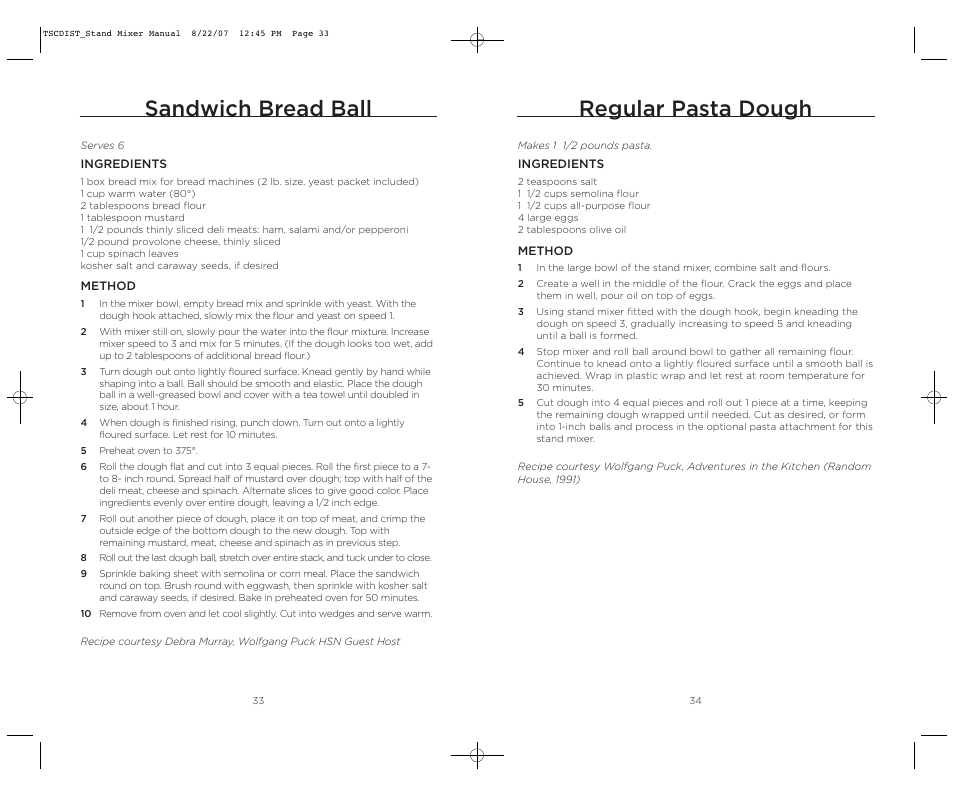 Sandwich bread ball, Regular pasta dough | Wolfgang Puck WPPSM050C User Manual | Page 18 / 22