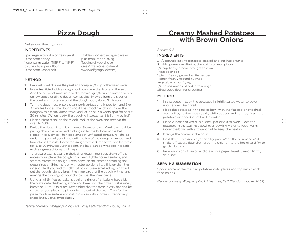 Pizza dough, Creamy mashed potatoes with brown onions | Wolfgang Puck WPPSM050C User Manual | Page 19 / 22