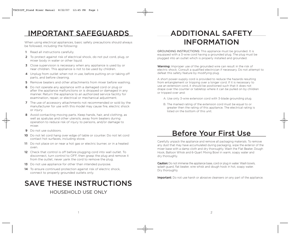 Save these instructions, Important safeguards, Before your first use | Additional safety information, Household use only | Wolfgang Puck WPPSM050C User Manual | Page 2 / 22