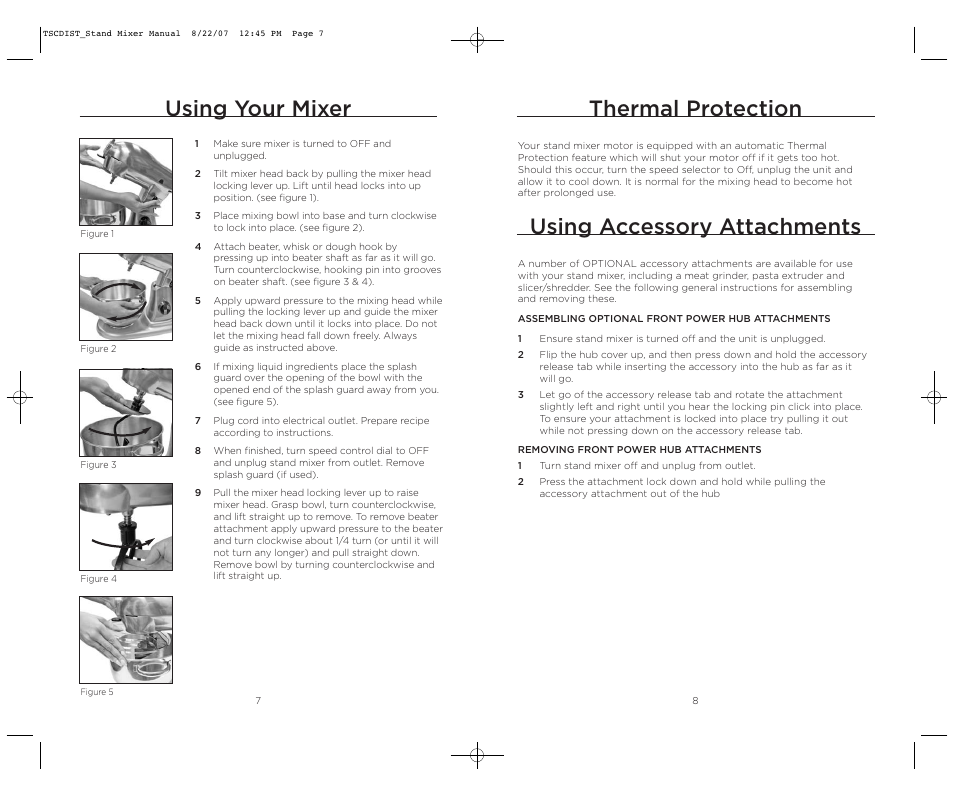 Thermal protection, Using accessory attachments, Using your mixer | Wolfgang Puck WPPSM050C User Manual | Page 5 / 22