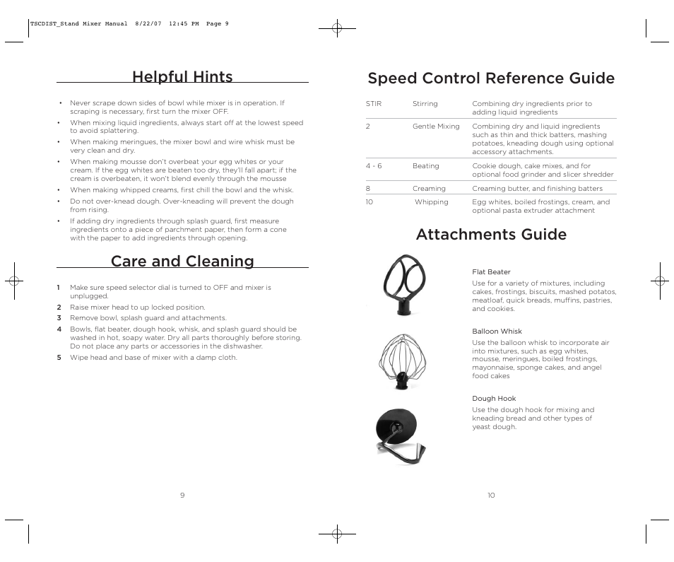 Speed control reference guide, Attachments guide, Helpful hints | Care and cleaning | Wolfgang Puck WPPSM050C User Manual | Page 6 / 22