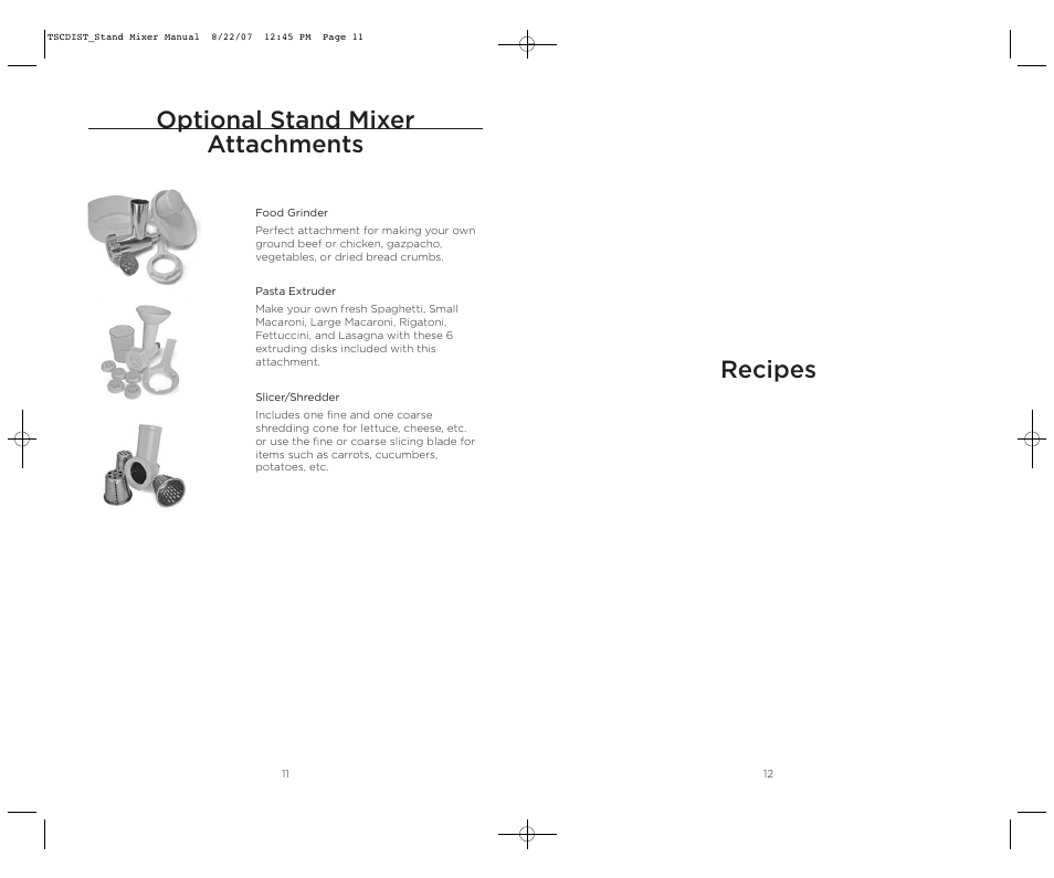 Optional stand mixer attachments, Recipes | Wolfgang Puck WPPSM050C User Manual | Page 7 / 22