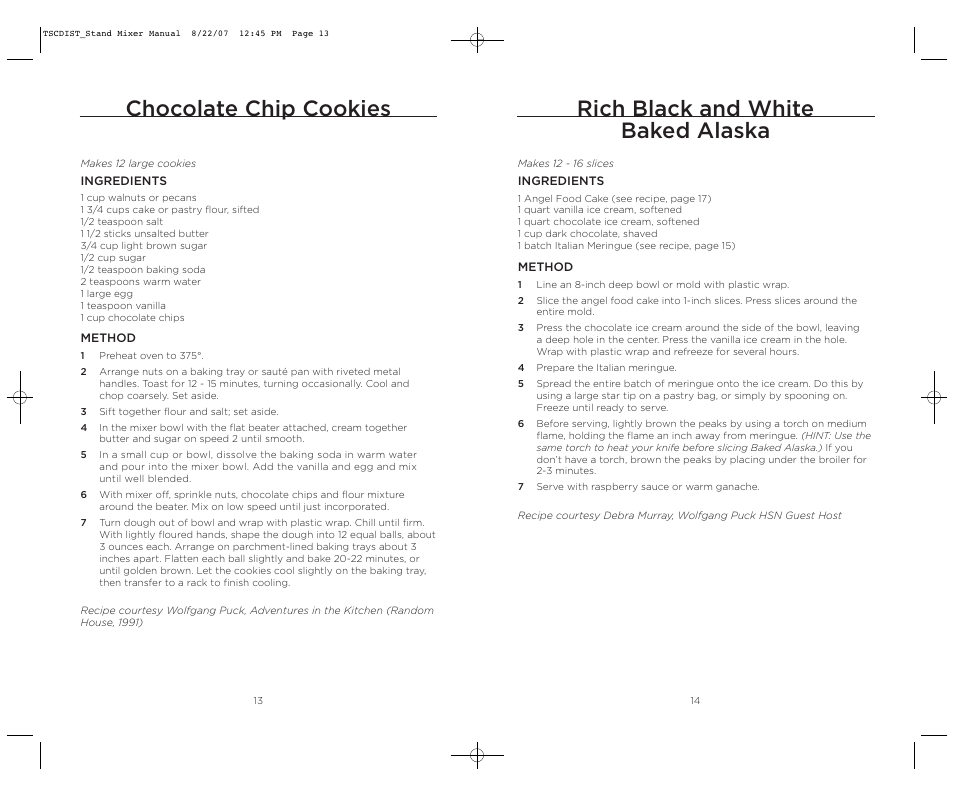 Chocolate chip cookies, Rich black and white baked alaska | Wolfgang Puck WPPSM050C User Manual | Page 8 / 22