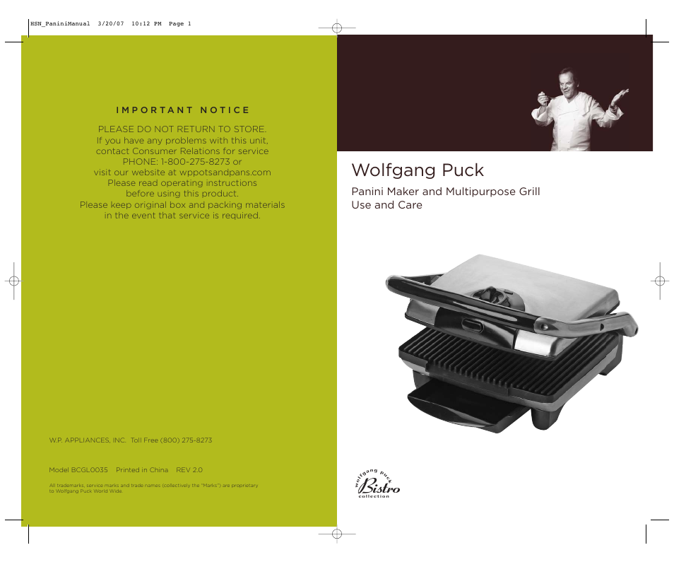 Wolfgang Puck BCGL0035 User Manual | 18 pages