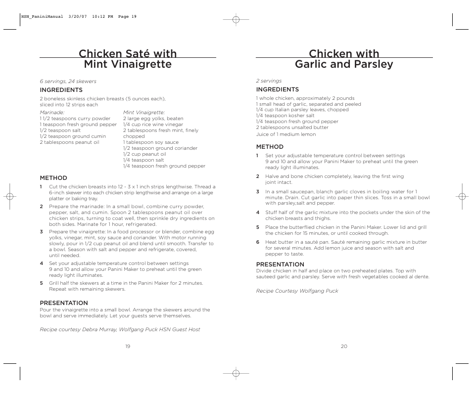 Chicken with garlic and parsley, Chicken saté with mint vinaigrette | Wolfgang Puck BCGL0035 User Manual | Page 11 / 18