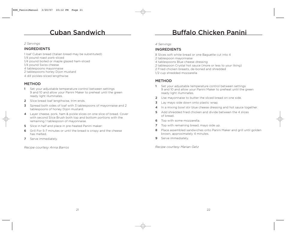 Cuban sandwich, Buffalo chicken panini | Wolfgang Puck BCGL0035 User Manual | Page 12 / 18