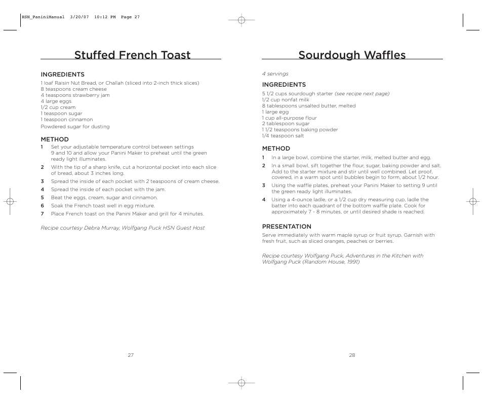 Stuffed french toast, Sourdough waffles | Wolfgang Puck BCGL0035 User Manual | Page 15 / 18