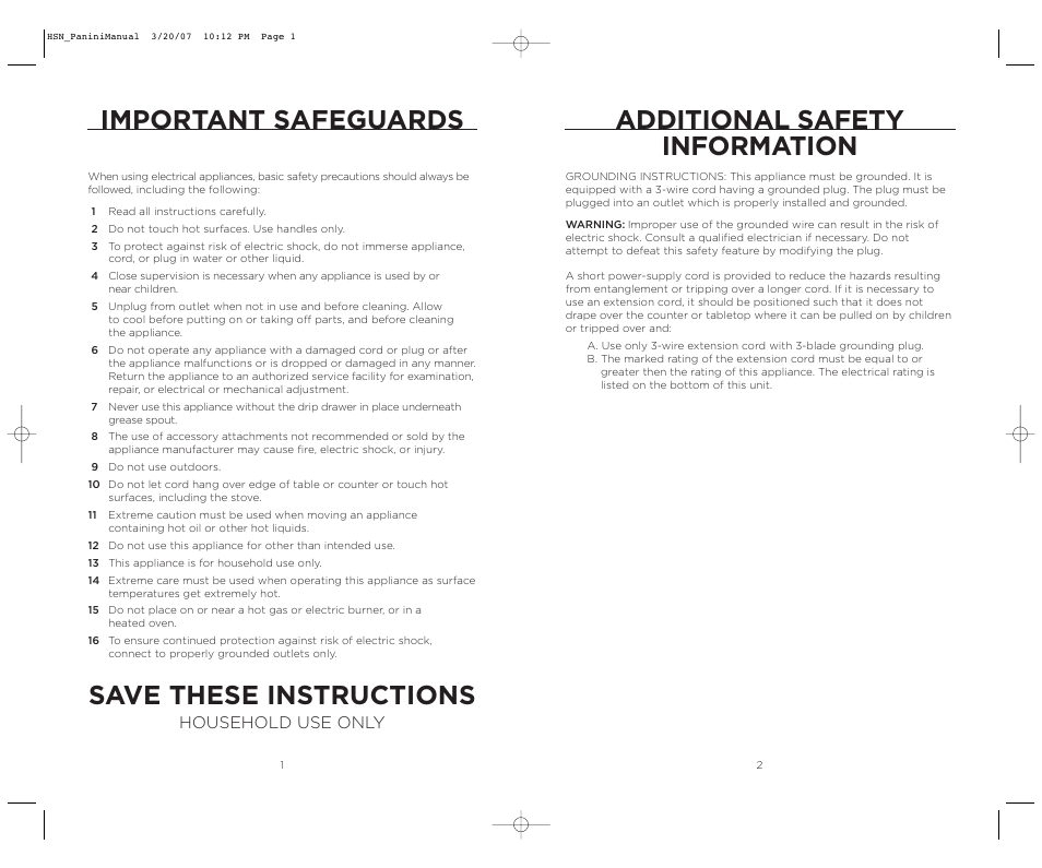 Important safeguards, Save these instructions, Additional safety information | Household use only | Wolfgang Puck BCGL0035 User Manual | Page 2 / 18