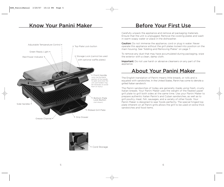 Know your panini maker, Before your first use, About your panini maker | Wolfgang Puck BCGL0035 User Manual | Page 4 / 18