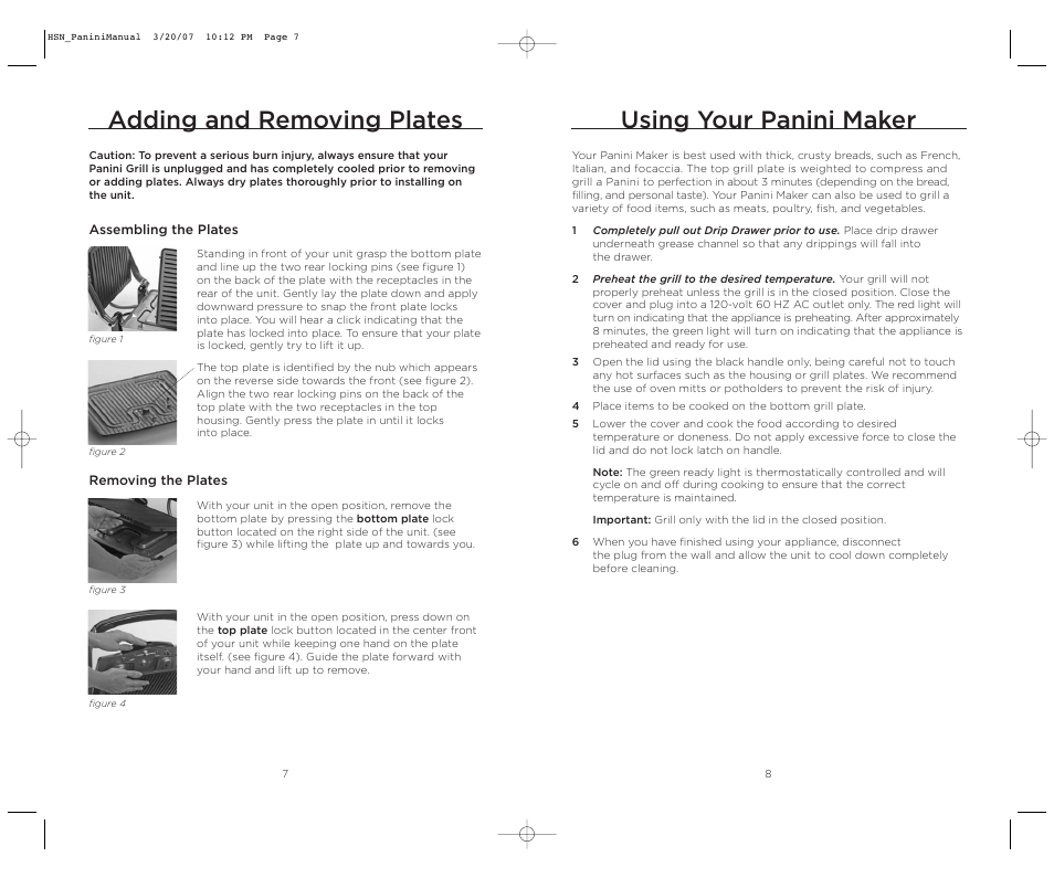 Adding and removing plates, Using your panini maker | Wolfgang Puck BCGL0035 User Manual | Page 5 / 18