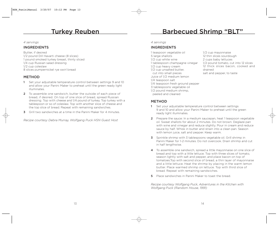 Barbecued shrimp “blt, Turkey reuben | Wolfgang Puck BCGL0035 User Manual | Page 8 / 18