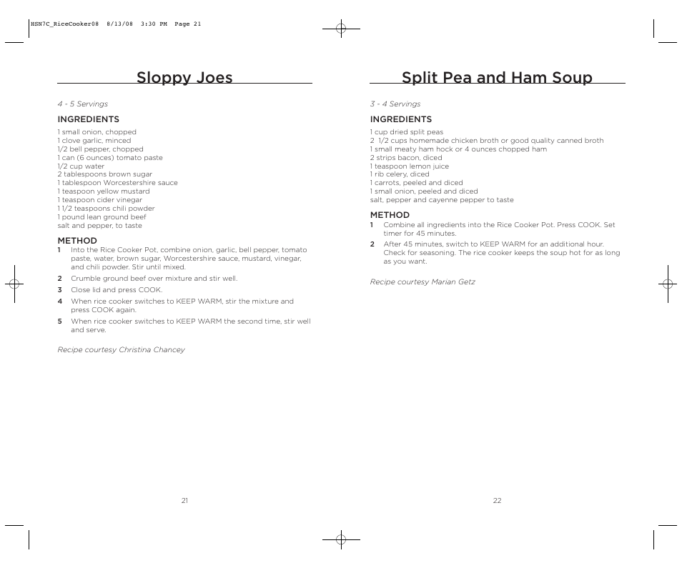 Sloppy joes, Split pea and ham soup | Wolfgang Puck BDRCRB007 User Manual | Page 12 / 28