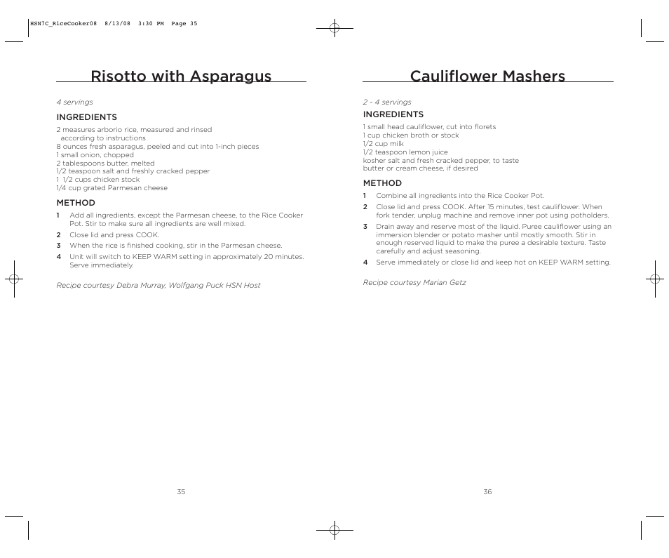 Risotto with asparagus, Cauliflower mashers | Wolfgang Puck BDRCRB007 User Manual | Page 19 / 28