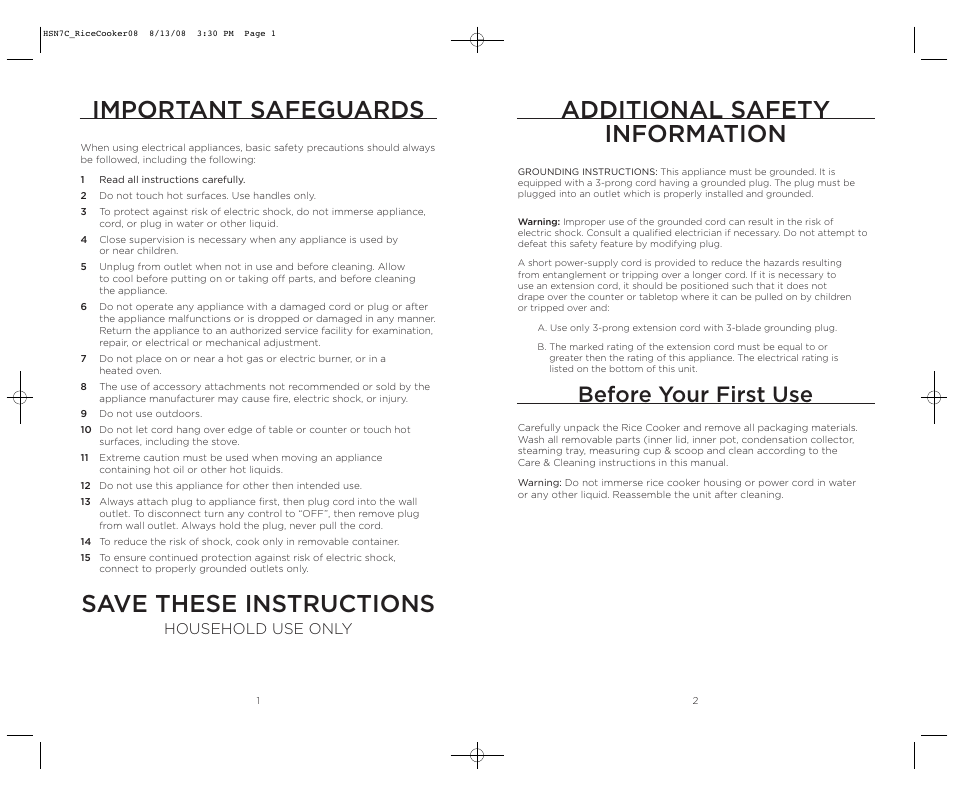 Additional safety information important safeguards, Save these instructions, Before your first use | Household use only | Wolfgang Puck BDRCRB007 User Manual | Page 2 / 28