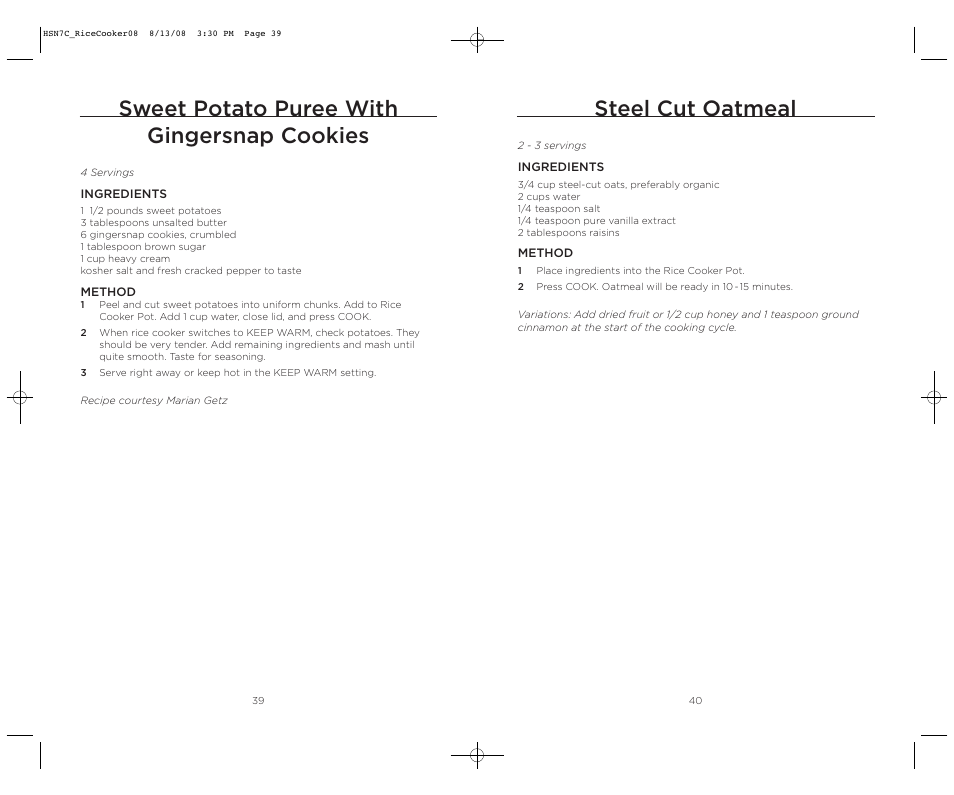 Steel cut oatmeal, Sweet potato puree with gingersnap cookies | Wolfgang Puck BDRCRB007 User Manual | Page 21 / 28