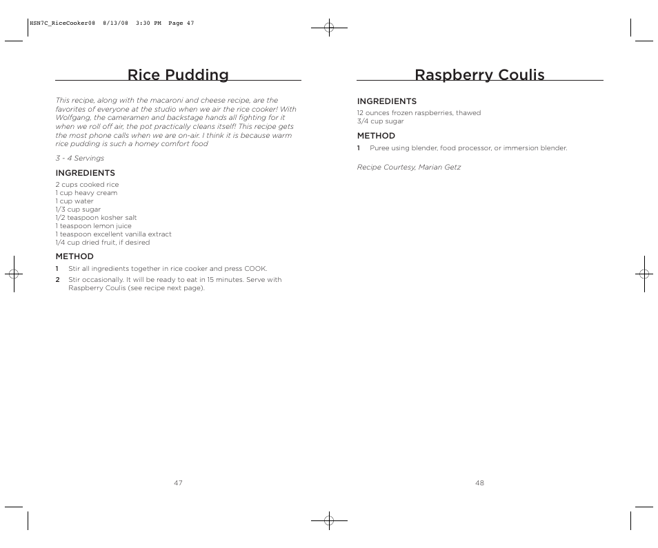 Raspberry coulis, Rice pudding | Wolfgang Puck BDRCRB007 User Manual | Page 25 / 28