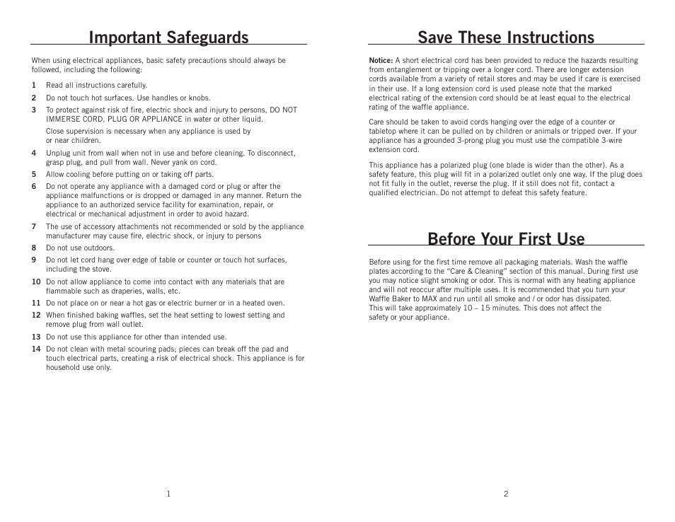 Important safeguards, Save these instructions, Before your first use | Wolfgang Puck BRWB0010 User Manual | Page 2 / 12