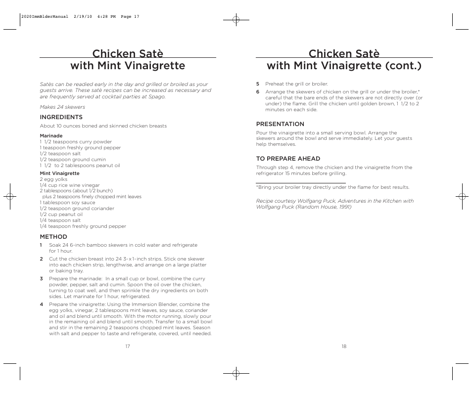 Chicken satè with mint vinaigrette, Chicken satè with mint vinaigrette (cont.) | Wolfgang Puck BIBC2020 User Manual | Page 10 / 24