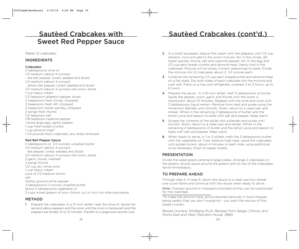 Sautèed crabcakes with sweet red pepper sauce, Sautèed crabcakes (cont’d.) | Wolfgang Puck BIBC2020 User Manual | Page 11 / 24