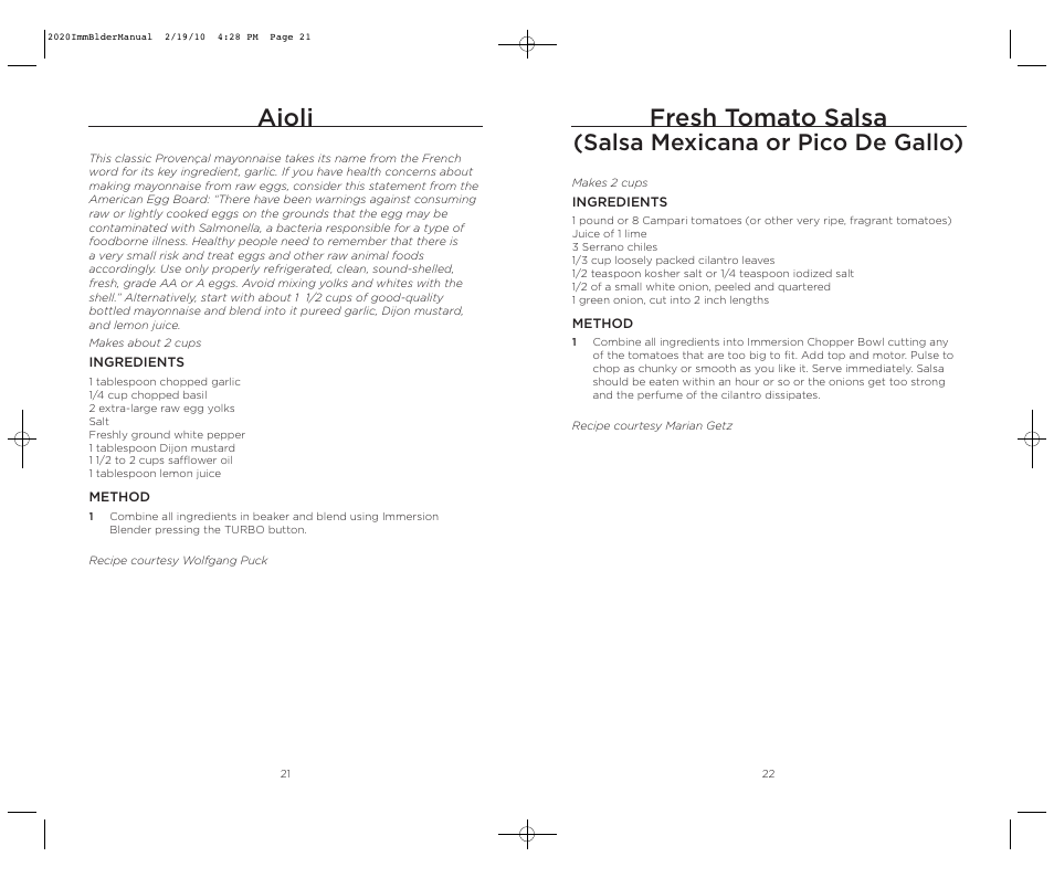Fresh tomato salsa, Aioli, Salsa mexicana or pico de gallo) | Wolfgang Puck BIBC2020 User Manual | Page 12 / 24