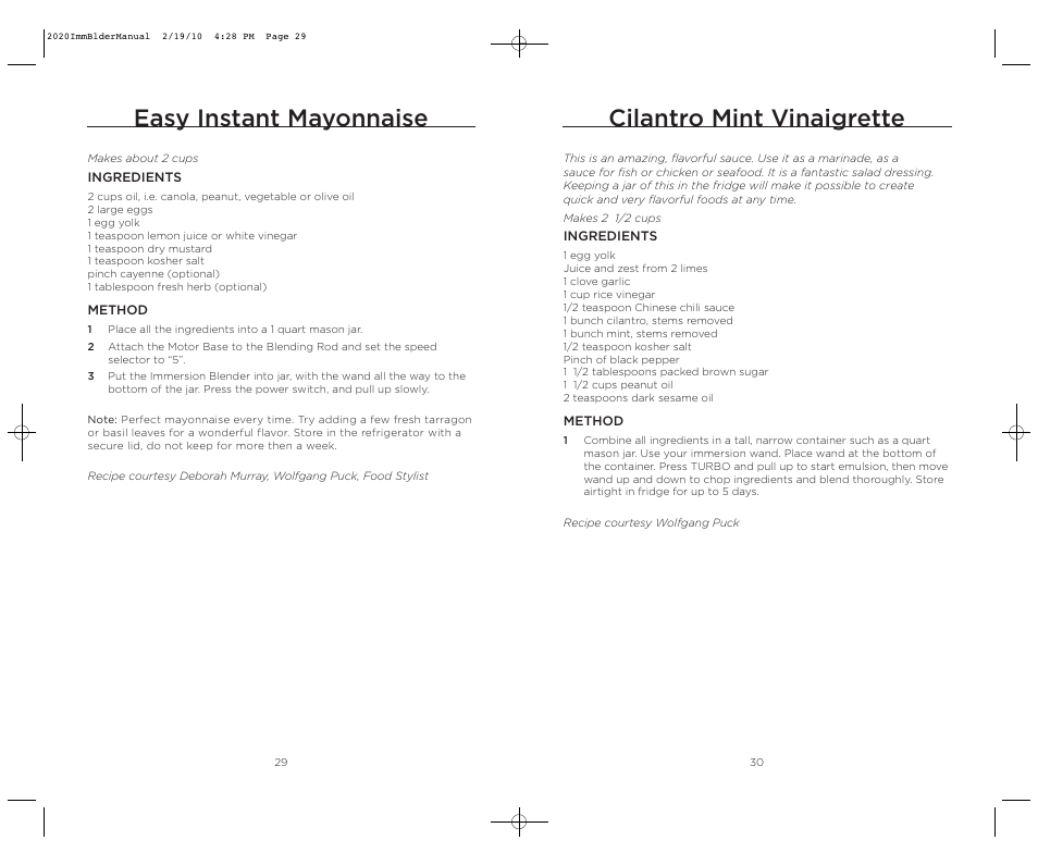 Cilantro mint vinaigrette, Easy instant mayonnaise | Wolfgang Puck BIBC2020 User Manual | Page 16 / 24