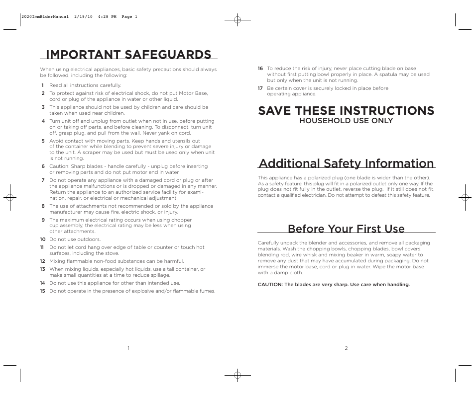 Important safeguards, Before your first use, Household use only | Wolfgang Puck BIBC2020 User Manual | Page 2 / 24