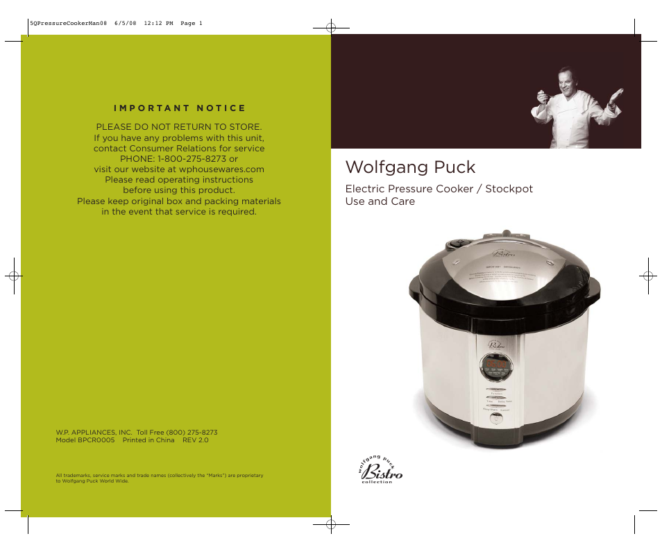 Wolfgang Puck BPCR0005 User Manual | 32 pages