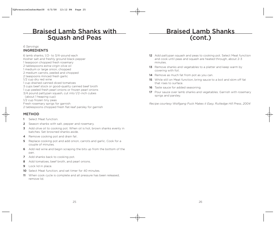 Braised lamb shanks with squash and peas, Braised lamb shanks (cont.) | Wolfgang Puck BPCR0005 User Manual | Page 14 / 32