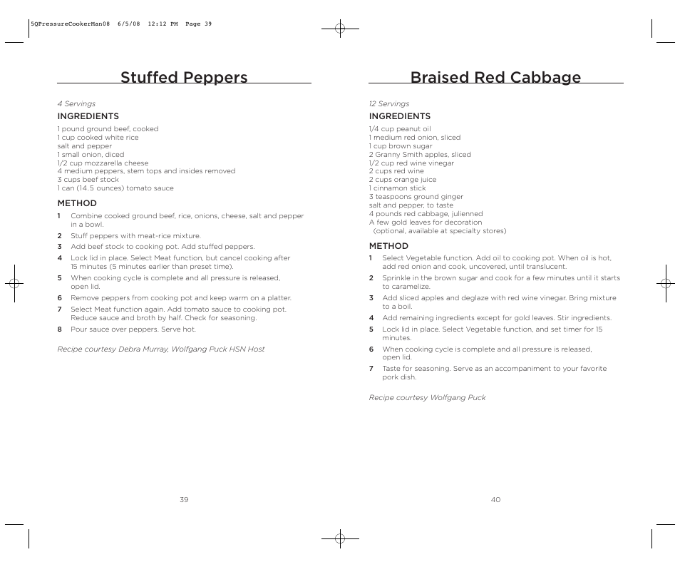 Braised red cabbage, Stuffed peppers | Wolfgang Puck BPCR0005 User Manual | Page 21 / 32