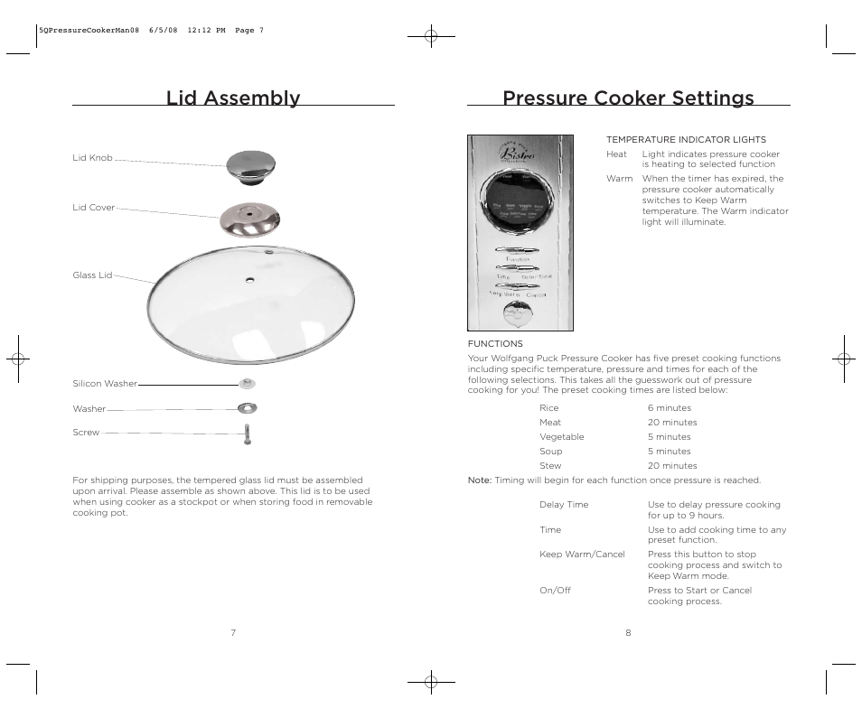 Lid assembly pressure cooker settings | Wolfgang Puck BPCR0005 User Manual | Page 5 / 32