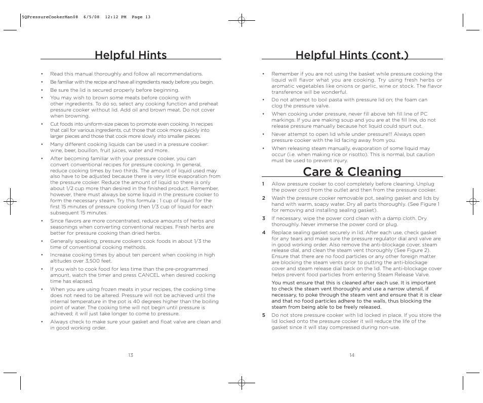 Care & cleaning, Helpful hints (cont.), Helpful hints | Wolfgang Puck BPCR0005 User Manual | Page 8 / 32