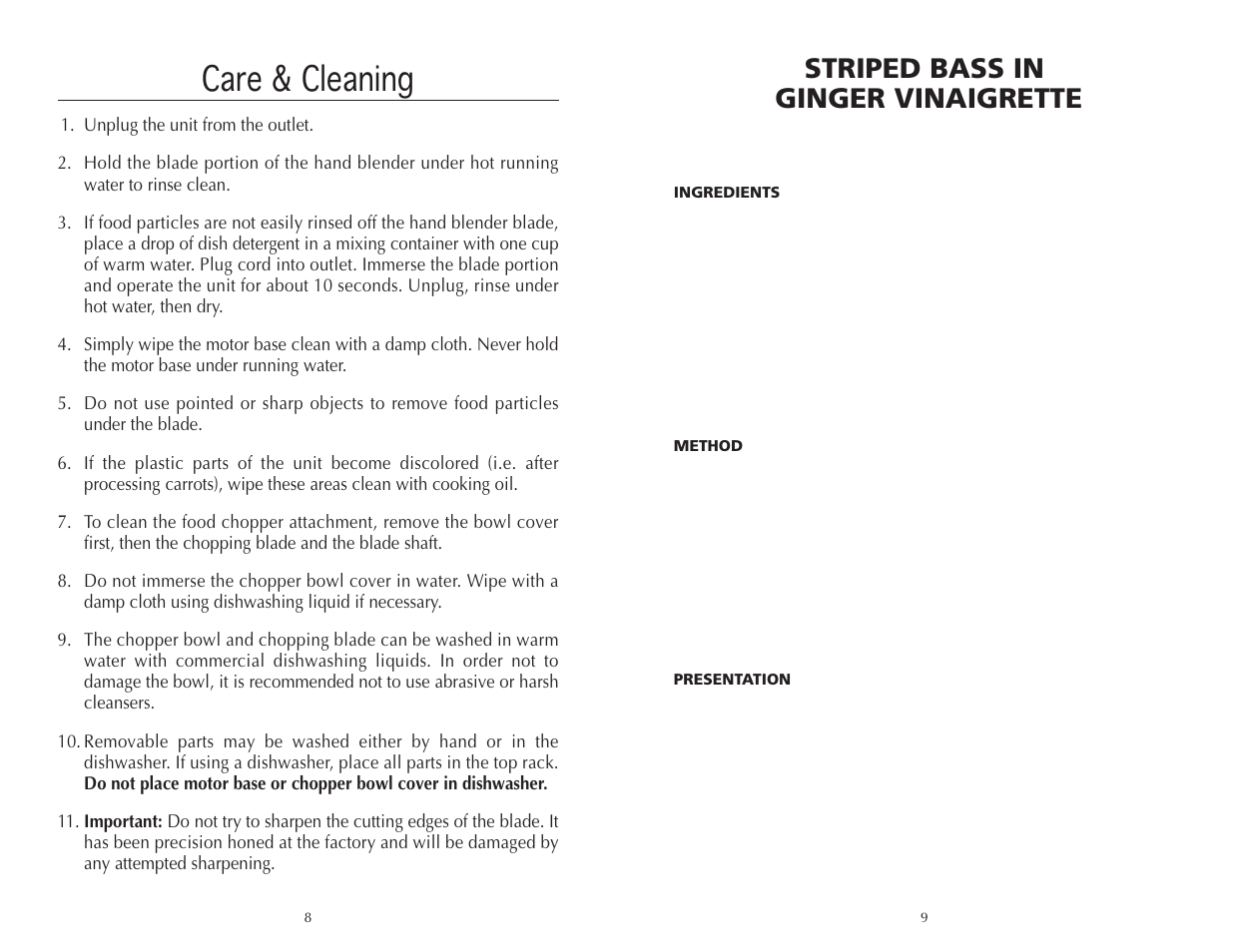 Care & cleaning, Striped bass in ginger vinaigrette | Wolfgang Puck IBC1000 User Manual | Page 5 / 12
