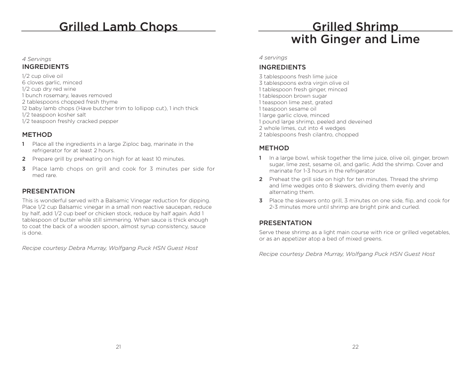 Grilled lamb chops, Grilled shrimp with ginger and lime | Wolfgang Puck BRGG0060 User Manual | Page 12 / 20