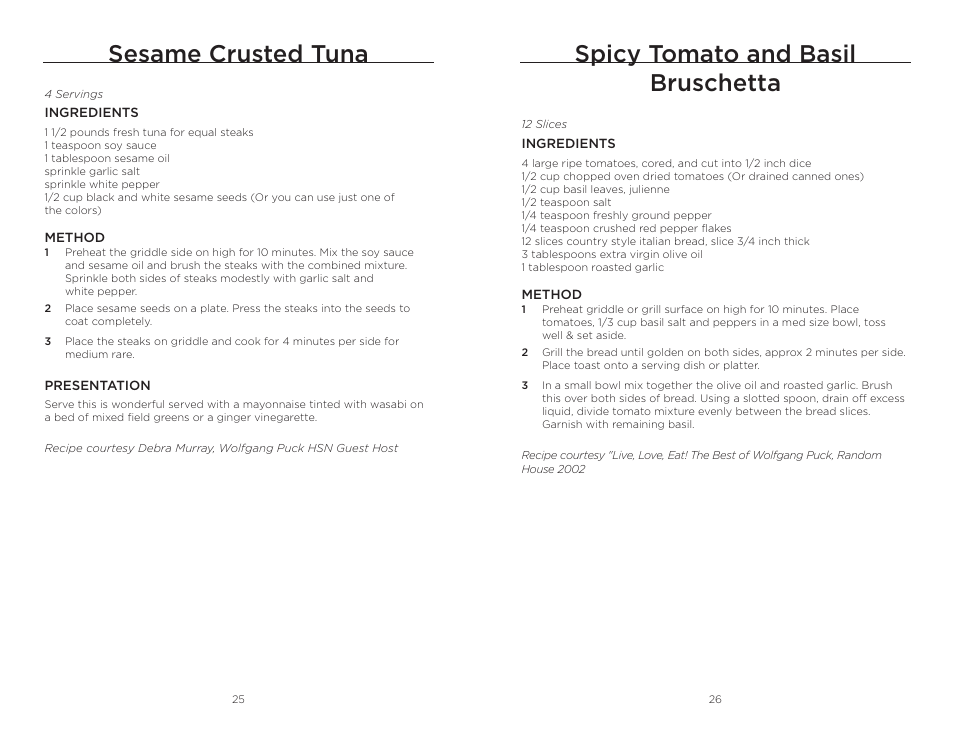 Sesame crusted tuna, Spicy tomato and basil bruschetta | Wolfgang Puck BRGG0060 User Manual | Page 14 / 20