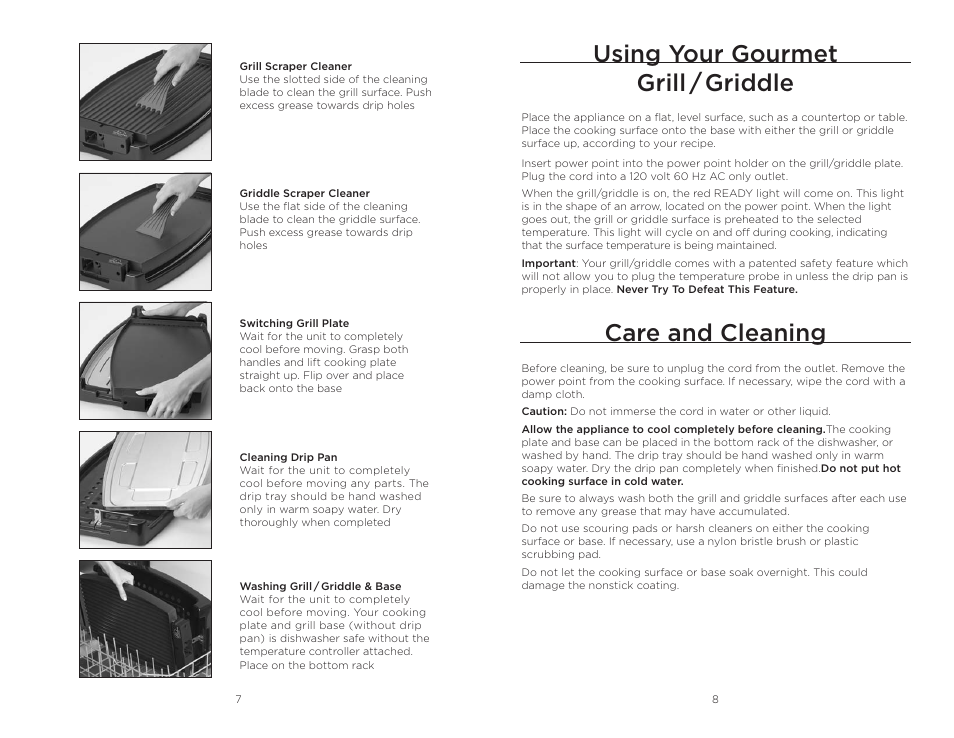 Using your gourmet grill / griddle, Care and cleaning | Wolfgang Puck BRGG0060 User Manual | Page 5 / 20