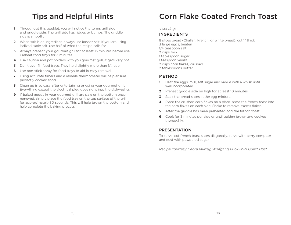 Tips and helpful hints, Corn flake coated french toast | Wolfgang Puck BRGG0060 User Manual | Page 9 / 20