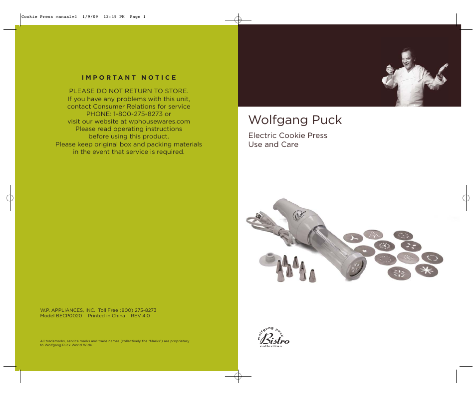 Wolfgang Puck BECP0020 User Manual | 18 pages