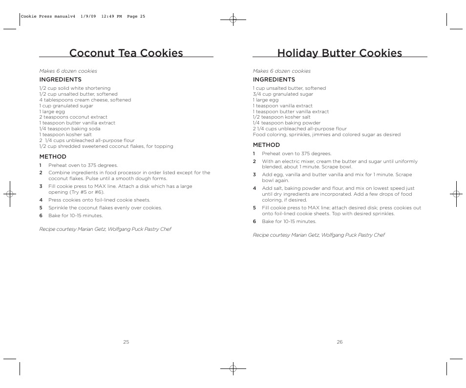 Holiday butter cookies, Coconut tea cookies | Wolfgang Puck BECP0020 User Manual | Page 14 / 18