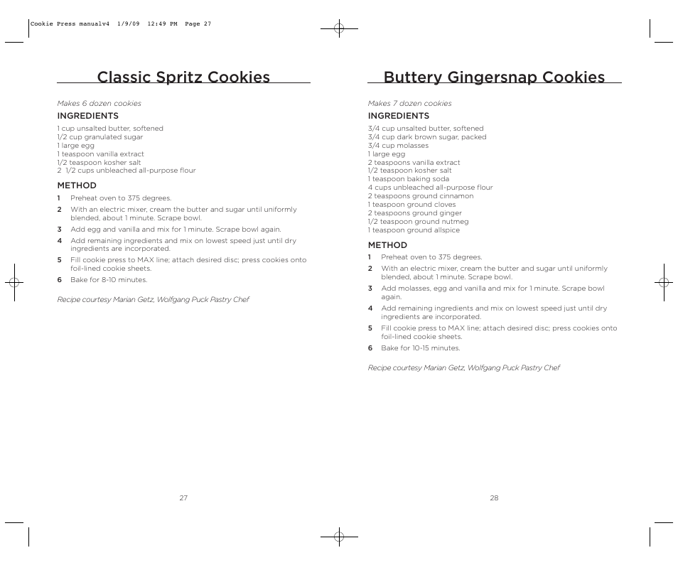 Buttery gingersnap cookies, Classic spritz cookies | Wolfgang Puck BECP0020 User Manual | Page 15 / 18