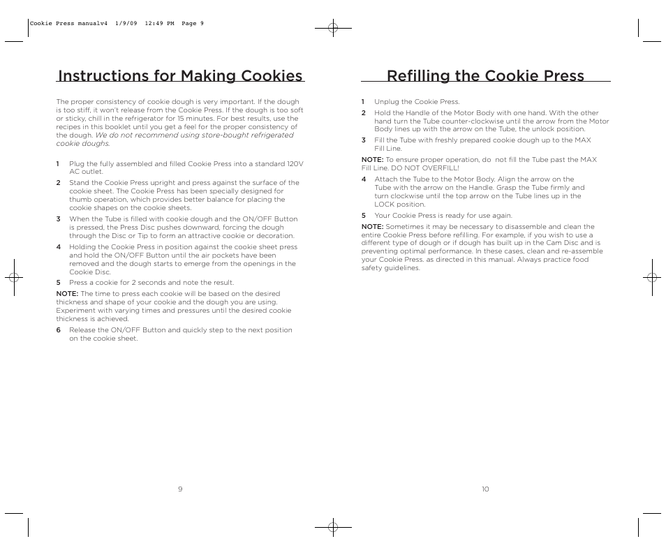 Refilling the cookie press, Instructions for making cookies | Wolfgang Puck BECP0020 User Manual | Page 6 / 18