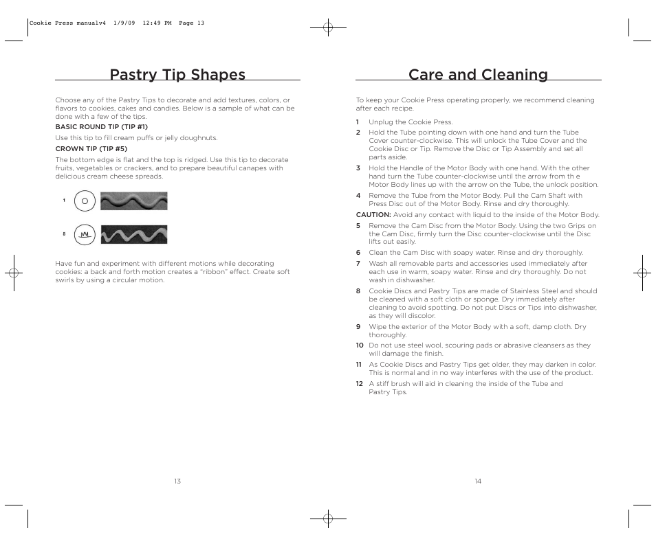 Care and cleaning, Pastry tip shapes | Wolfgang Puck BECP0020 User Manual | Page 8 / 18